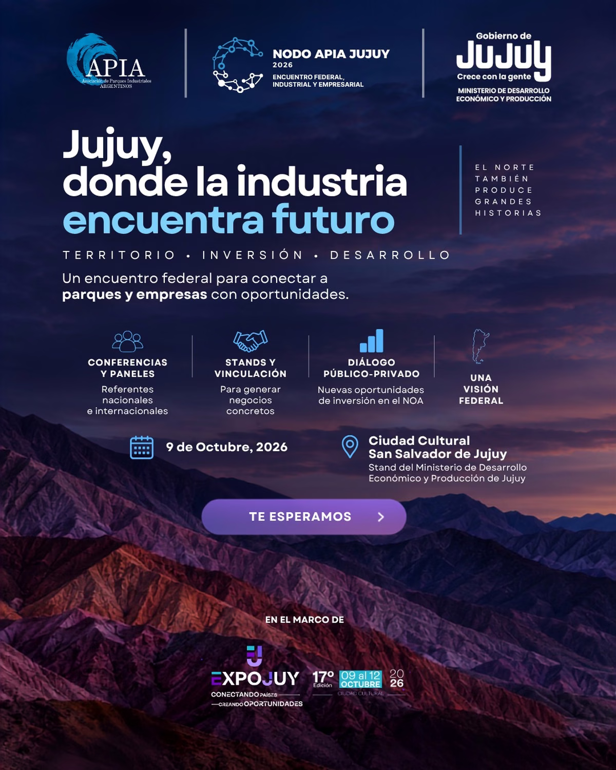 Jujuy será sede del Nodo APIA 2026, un encuentro federal para impulsar el desarrollo industrial y empresarial.